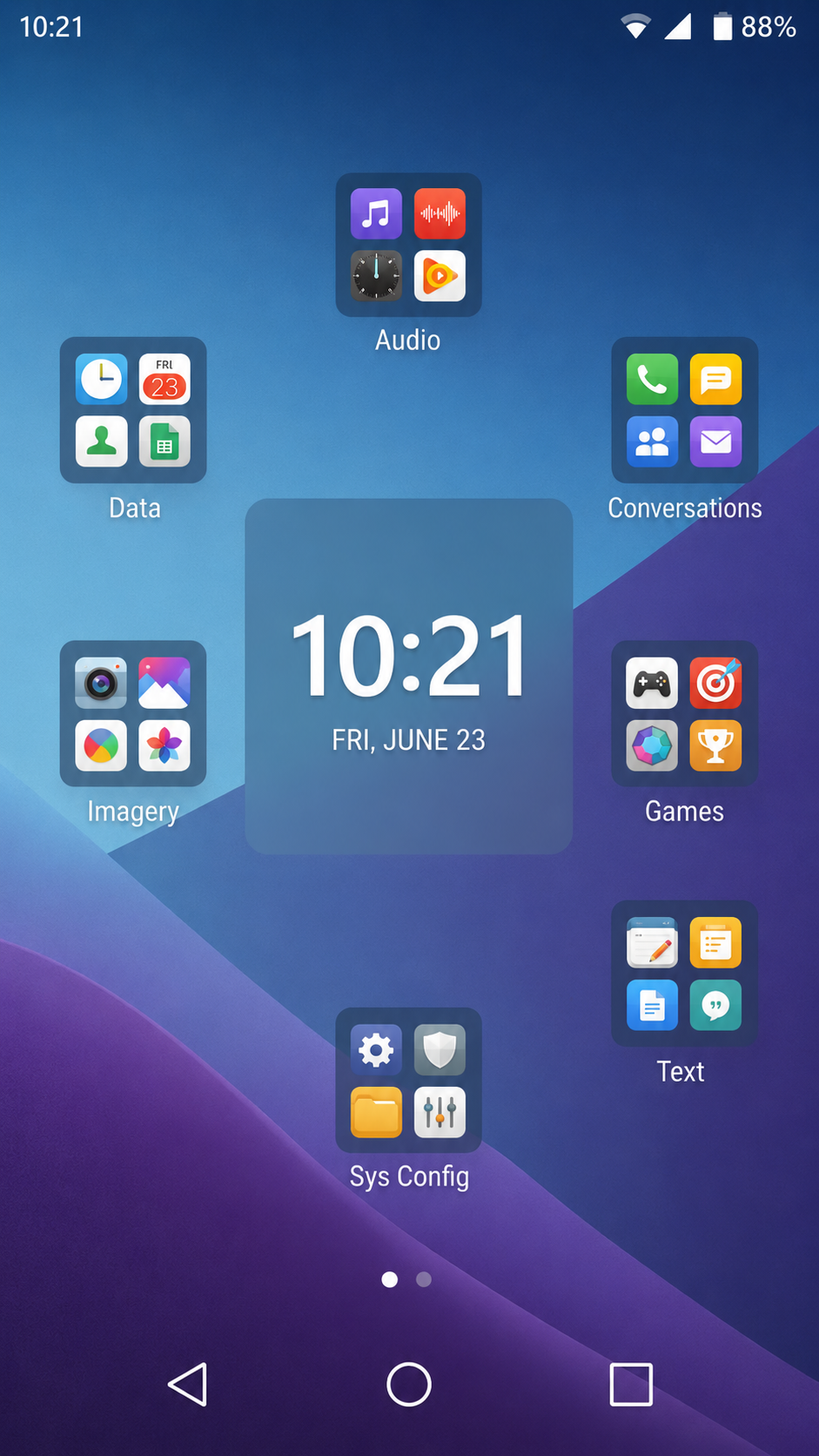 Android home screen mockup organized into the 7 Basic Types