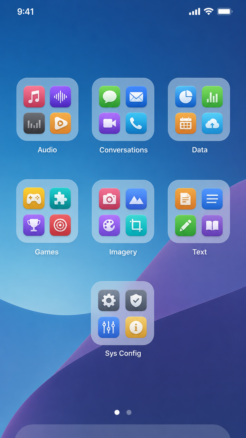 Alternate Android home screen mockup organized into the 7 Basic Types